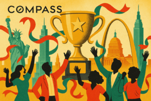 Retro-inspired celebratory illustration of a golden trophy surrounded by U.S. landmarks and cheering silhouettes with ribbons.