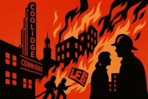 Urgent duotone illustration of Coolidge Corner Theatre and nearby apartments engulfed in flames, with silhouetted firefighters battling the blaze.