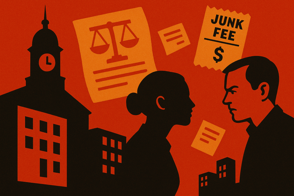 Chatgpt Image Sep 6, 2025, 10_48_26 Am Urgent duotone illustration of Brookline town hall and apartment buildings, with a landlord and tenant facing off amid floating documents and a large junk fee receipt.