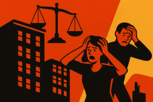 Dramatic duotone illustration with distressed figures holding their heads, black apartment buildings, and justice scales against a red and orange backdrop.