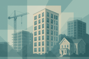 Clean collage-style illustration of Brookline housing development, showing a crane, mid-rise apartment buildings, and a traditional house in muted teal and beige tones.