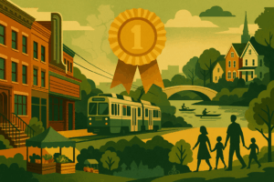 Collage illustration celebrating Brookline and Newton, MA—Green Line trolley, Coolidge Corner streetscape, leafy homes, Charles River with kayakers, farmers’ market, and a gold ribbon emblem—rendered in warm greens and golds, no text
