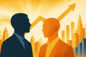 Stylized celebratory illustration of two silhouetted business leaders facing each other with a golden city skyline, upward growth arrow, and radiant background symbolizing Compass’s merger success.