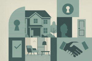 Minimalist collage in teal and gray tones showing a house, handshake, keyhole, door, and elegant interior, symbolizing privacy, exclusivity, and trust in real estate.