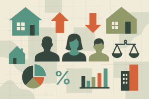 Infographic-style illustration with houses, buyer silhouettes, arrows, charts, pie graph, and percentage symbol, representing 2023 real estate trends and research insights.