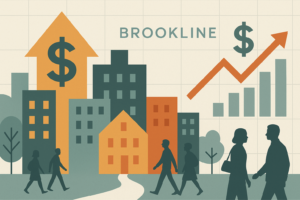 Infographic-style horizontal illustration of Brookline rental price surge with apartment buildings, large upward arrows, dollar signs, bar graphs, and silhouettes of renters walking.