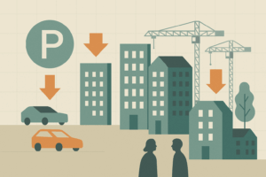Infographic-style illustration of Brookline reducing parking requirements with apartment buildings, cranes, cars, parking symbol, and downward arrows in muted teal, orange, and gray.