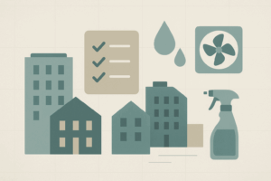Minimalist illustration of Massachusetts sanitary code with apartment buildings, checklist, water droplets, ventilation fan, and cleaning spray bottle in muted teal and beige tones.