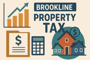 Illustration featuring a bar graph, calculator, dollar sign document, and stylized houses with the text “Brookline Property Tax,” in teal, orange, and blue tones.