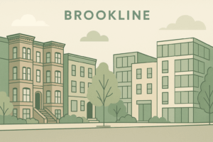 Minimalist illustration of Brookline buildings combining classic brownstones with modern architecture, surrounded by trees in muted beige and green tones.
