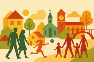 Collage-style illustration of families walking and children playing in a colorful neighborhood with houses, trees, a church, and a bridge in warm earthy tones.