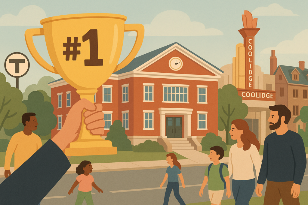 Illustrated Brookline scene with a person holding a golden #1 trophy in front of a red-brick school, the Coolidge Corner Theatre, and the “T” sign, surrounded by families walking along a sunny, tree-lined street.