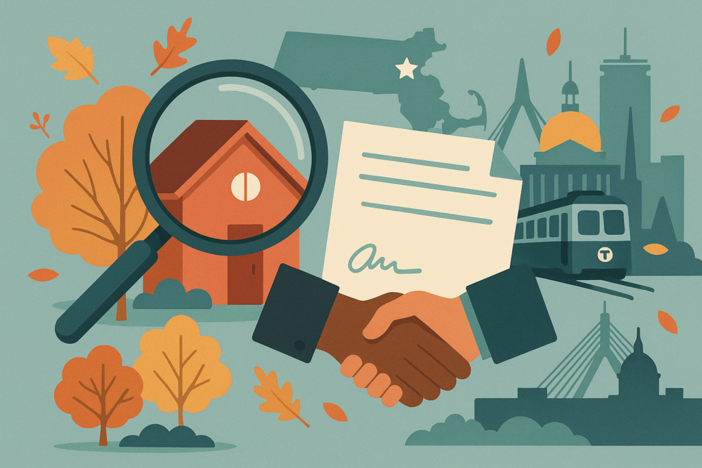 Illustration of a red house under a magnifying glass with a handshake over a signed document, surrounded by autumn trees and Boston landmarks including the State House dome, Zakim Bridge, and a T train, symbolizing Brookline real estate and home inspections.