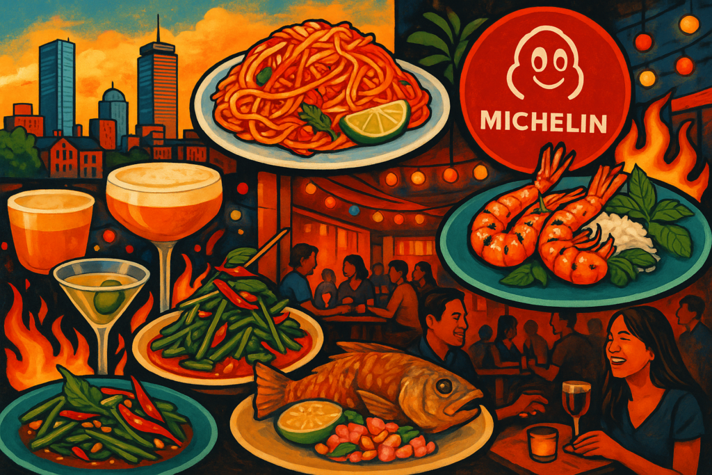 Collage-style illustration featuring Thai small plates, cocktails, and a lively restaurant scene set against a Boston skyline backdrop, celebrating a Michelin-recognized Brookline eatery.