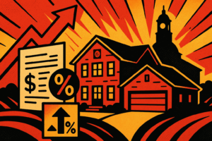 Urgent pop-art style illustration featuring a bold upward tax arrow, Brookline-style architecture including a stylized Town Hall silhouette, and dramatic red-orange tones emphasizing rising Massachusetts withholding taxes for high-end sales.