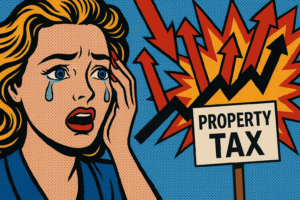 Pop-art scene with distressed woman, upward red arrows, and an abstract rising financial line beside a property-tax sign.
