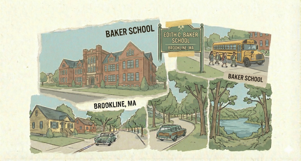 A hand-drawn collage illustration with torn paper edges, depicting the Edith C. Baker School in Brookline, Massachusetts. The artwork features a large brick school building with a Gothic-style entrance tower, a green sign reading 'EDITH C. BAKER SCHOOL, BROOKLINE, MA,' a yellow school bus with children, and suburban scenes with vintage cars, houses, trees, and a lake. Text labels read 'BAKER SCHOOL' and 'BROOKLINE, MA'. The style is nostalgic with muted colors.