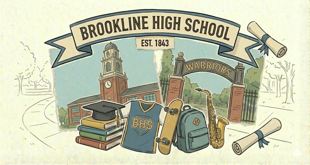 A vibrant, stylized digital illustration of Brookline High School. Unlike the previous collage style, this image presents a cohesive, dynamic wide-angle view of the historic main brick building on Greenough Street. The scene is lively, featuring diverse students walking with backpacks near the entrance and Cypress Field in the foreground. The lighting is warm and golden, emphasizing the school's red brick facade and white trim, with a 'BROOKLINE HIGH SCHOOL' banner integrated naturally into the scene.