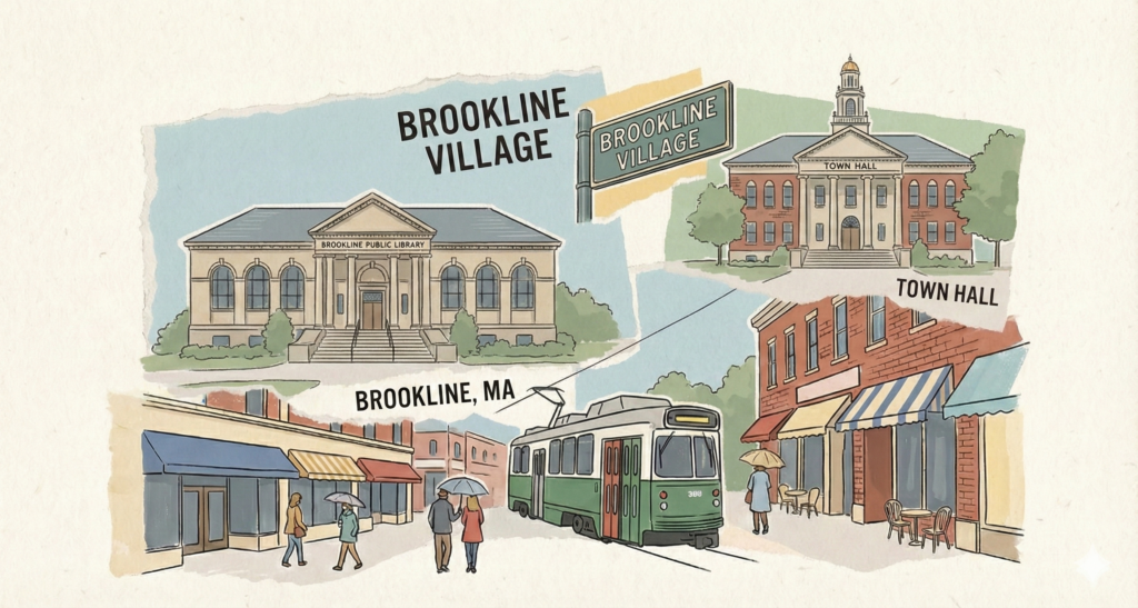 A hand-drawn collage illustration with torn paper edges, depicting landmarks of Brookline Village, Massachusetts. The drawing features the Brookline Public Library building, the Town Hall with its cupola, a green 'Brookline Village' street sign, and a street scene with brick storefronts, pedestrians with umbrellas, and a green MBTA trolley car. Text labels read 'BROOKLINE VILLAGE', 'TOWN HALL', and 'BROOKLINE, MA'. The style is nostalgic with muted colors.