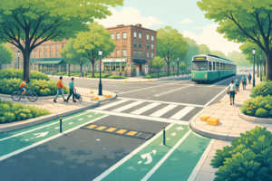 Chatgpt Image Jan 6, 2026, 12_35_38 Am Stylized, vector-like illustration of a redesigned Brookline intersection with a raised zebra crosswalk, protected green bike lanes, curb extensions and planted bump-outs, a speed hump, and pedestrians and cyclists moving safely as a Green Line trolley approaches under leafy street trees.