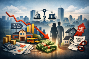 Infographic-style collage of a suburban town and school bus against a city skyline, with budget charts, coins, and housing icons balancing on scales, alongside symbols for tax caps, tax increases, and service cuts.