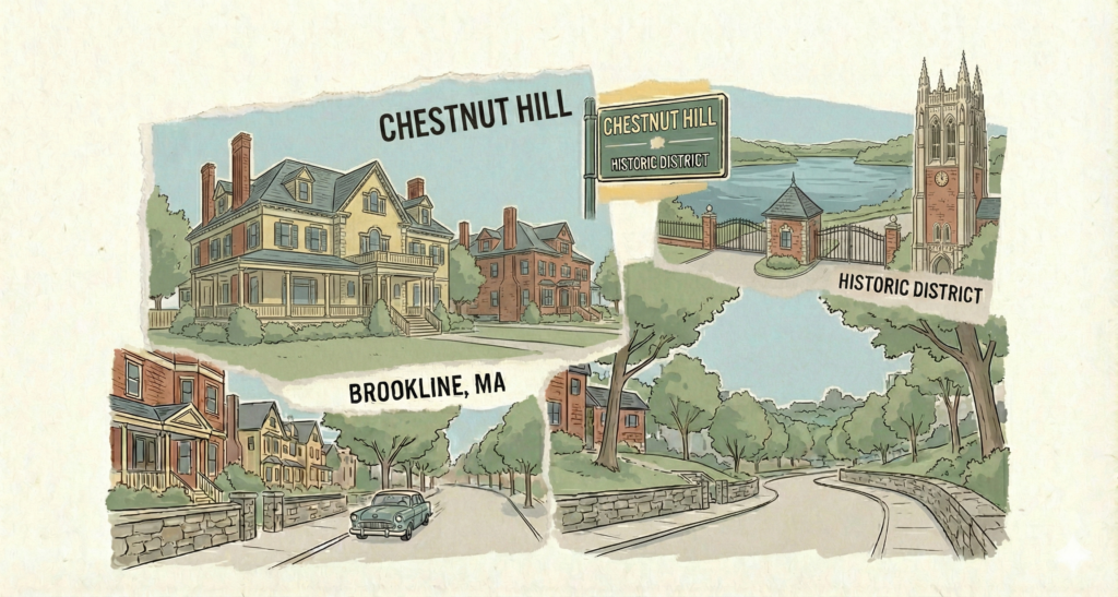 A hand-drawn collage illustration with torn paper edges, depicting the Chestnut Hill neighborhood in Brookline, Massachusetts. The artwork features large historic mansions, a view of the Chestnut Hill Reservoir with a tower and gate, a green sign reading 'CHESTNUT HILL HISTORIC DISTRICT,' and street scenes with stone walls, trees, and a vintage car. Text labels read 'CHESTNUT HILL', 'BROOKLINE, MA', and 'HISTORIC DISTRICT'. The style is nostalgic with muted colors.