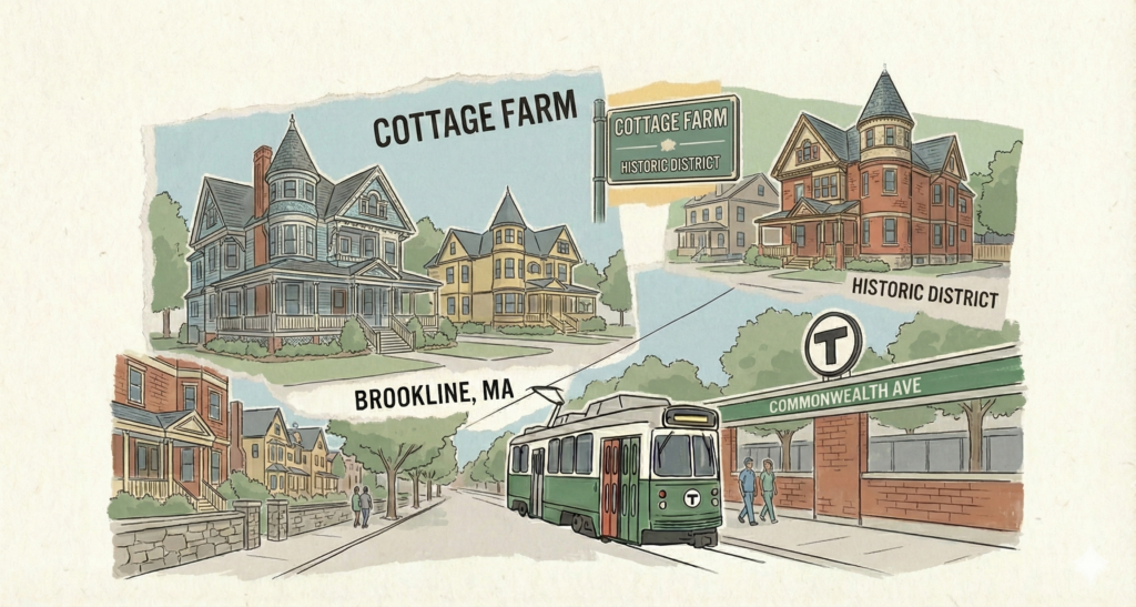 A hand-drawn collage illustration with torn paper edges, depicting the Cottage Farm neighborhood in Brookline, Massachusetts. The artwork features large, ornate Victorian-style homes with turrets, a green sign reading 'COTTAGE FARM HISTORIC DISTRICT,' a street scene with stone walls and pedestrians, and a green MBTA trolley car at a stop labeled 'COMMONWEALTH AVE'. Text labels read 'COTTAGE FARM', 'BROOKLINE, MA', and 'HISTORIC DISTRICT'. The style is nostalgic with muted colors.