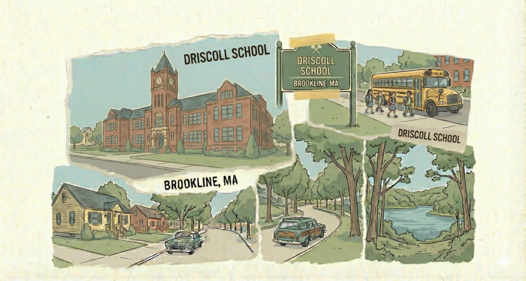 A hand-drawn collage illustration with torn paper edges, depicting the Driscoll School in Brookline, Massachusetts. The artwork features a large red brick school building with a prominent clock tower, a green sign reading 'DRISCOLL SCHOOL, BROOKLINE, MA,' a yellow school bus with children, and suburban street scenes with vintage cars, trees, and a lake. Text labels read 'DRISCOLL SCHOOL' and 'BROOKLINE, MA'. The style is nostalgic with muted colors.