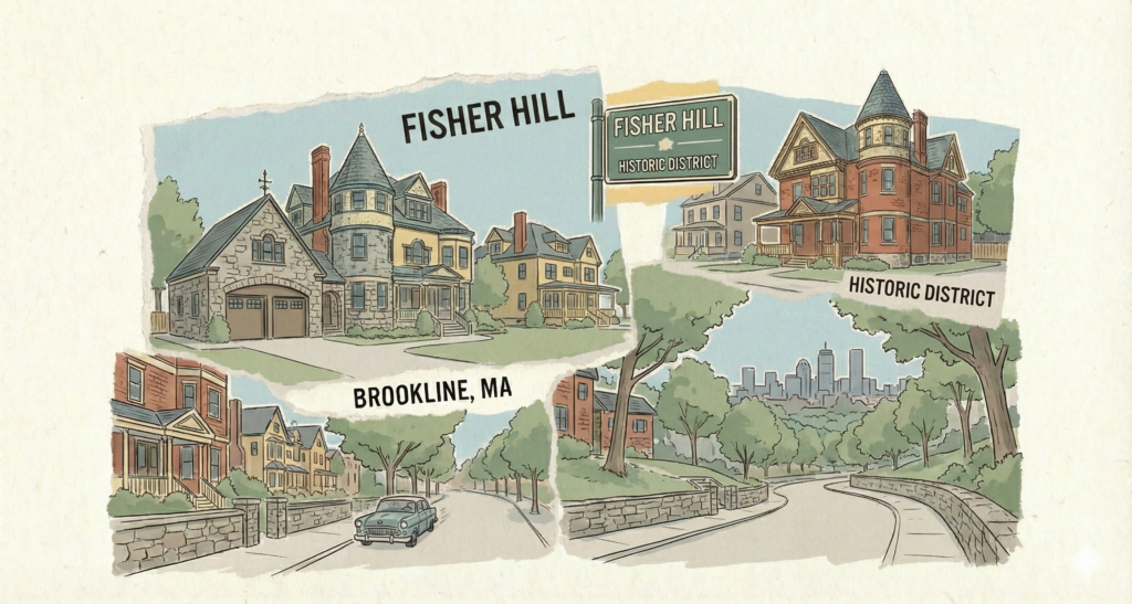 A hand-drawn collage illustration with torn paper edges, depicting the Fisher Hill neighborhood in Brookline, Massachusetts. The artwork features large historic mansions, including a prominent stone house with a turret, a green sign reading 'FISHER HILL HISTORIC DISTRICT,' a winding tree-lined street with stone walls and a vintage car, and a distant view of the Boston skyline. Text labels read 'FISHER HILL', 'BROOKLINE, MA', and 'HISTORIC DISTRICT'. The style is nostalgic with muted colors.