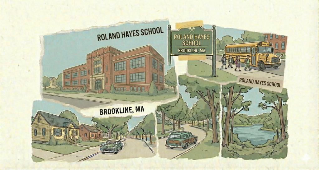 A hand-drawn collage illustration with a torn-paper aesthetic, depicting the Roland Hayes School in Brookline, Massachusetts. The image features a drawing of the large, two-story brick school building, a green sign reading 'ROLAND HAYES SCHOOL, BROOKLINE, MA,' a yellow school bus with children, and suburban street scenes with houses, vintage cars, and a lake. Text labels read 'ROLAND HAYES SCHOOL' and 'BROOKLINE, MA'. The overall style is muted and nostalgic.