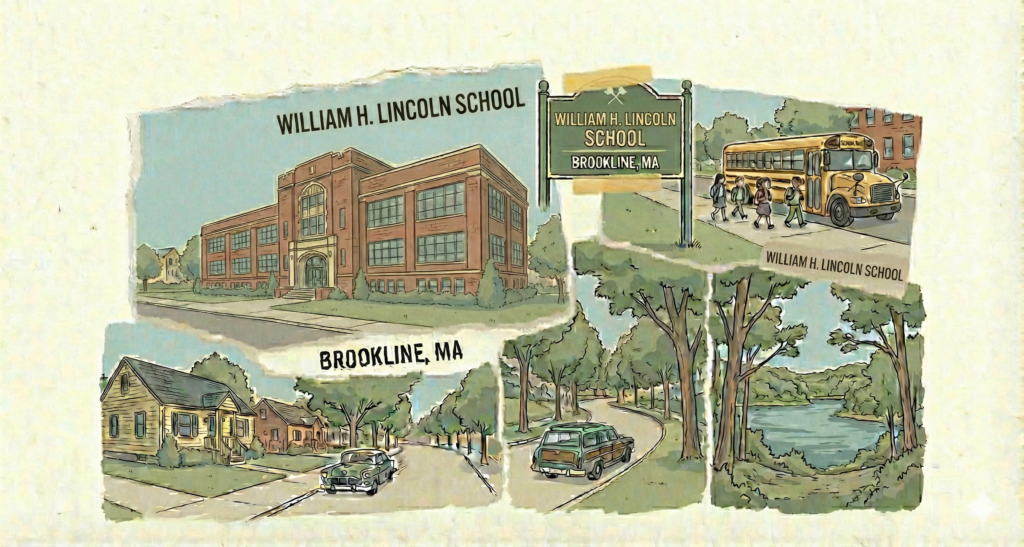 A hand-drawn collage illustration with torn paper edges, depicting the William H. Lincoln School in Brookline, Massachusetts. The artwork features a large brick school building, a green sign reading 'WILLIAM H. LINCOLN SCHOOL, BROOKLINE, MA,' a yellow school bus with children, and suburban street scenes with vintage cars and trees. Text labels read 'LINCOLN SCHOOL' and 'BROOKLINE, MA'. The style is nostalgic with muted colors.