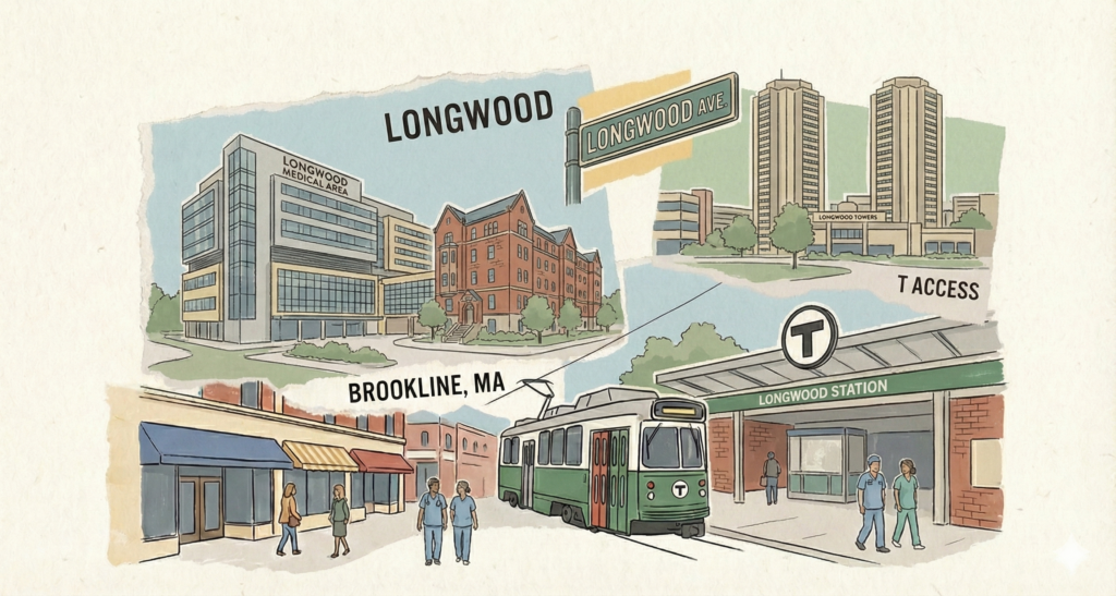 A hand-drawn collage illustration with torn paper edges, depicting the Longwood neighborhood in Brookline, MA. The artwork features large hospital buildings labeled 'LONGWOOD MEDICAL AREA', a 'LONGWOOD AVE' street sign, the Longwood Towers, and a Green Line trolley at a 'LONGWOOD STATION' T access point. Pedestrians, including people in medical scrubs, walk on the sidewalks. The overall style is nostalgic with muted colors.