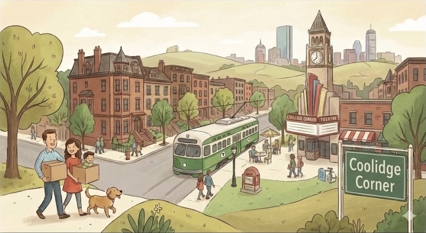 Illustration of a family moving to Brookline, walking with boxes and a dog past a Green Line trolley and historic brick buildings in Coolidge Corner, with the Boston skyline in the distance.