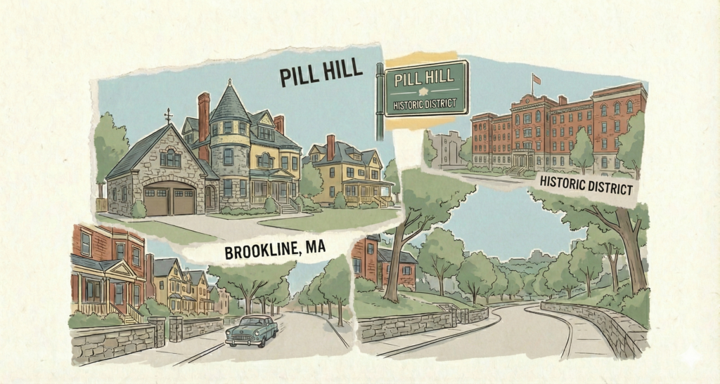 A hand-drawn collage illustration with torn paper edges, depicting the Pill Hill neighborhood in Brookline, Massachusetts. The artwork features large Victorian-style mansions, including a prominent stone house with a turret, a large brick institutional building, a green sign reading 'PILL HILL HISTORIC DISTRICT,' and street scenes with stone walls, trees, and a vintage car. Text labels read 'PILL HILL', 'BROOKLINE, MA', and 'HISTORIC DISTRICT'. The style is nostalgic with muted colors.