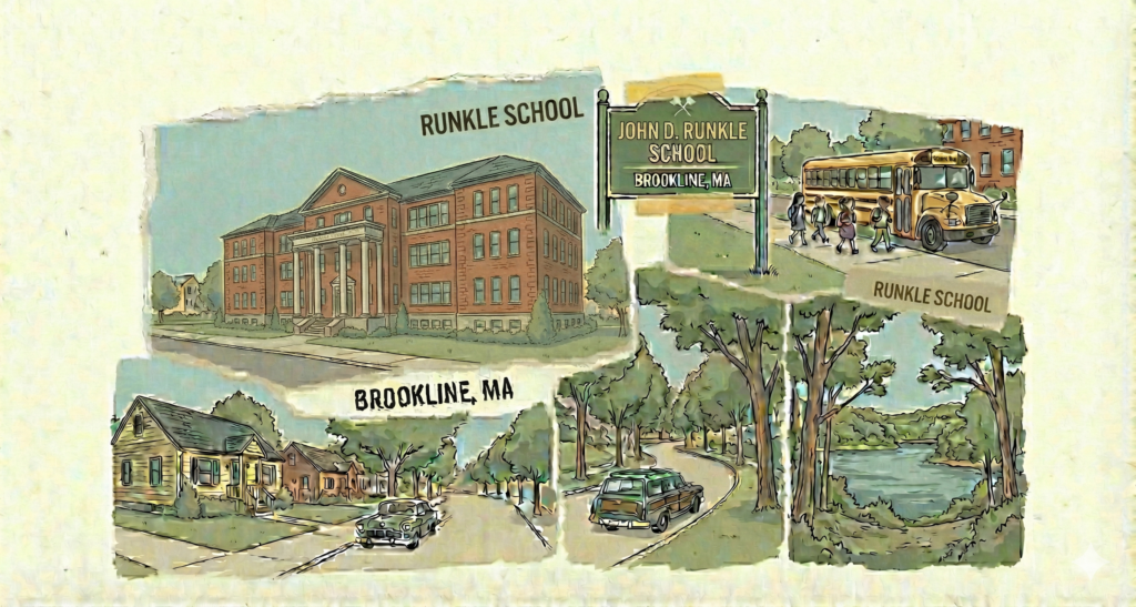 A hand-drawn collage illustration with torn paper edges, depicting the John D. Runkle School in Brookline, Massachusetts. The artwork features the large brick school building with a prominent columned entrance portico, a green sign reading 'JOHN D. RUNKLE SCHOOL, BROOKLINE, MA,' a yellow school bus with children, and suburban street scenes with vintage cars, trees, and a lake. Text labels read 'RUNKLE SCHOOL' and 'BROOKLINE, MA'. The style is nostalgic with muted colors.