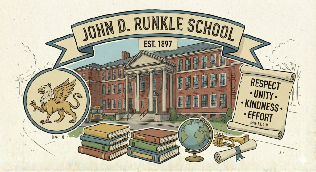 A vibrant, wide-angle digital illustration of the John D. Runkle School in Brookline, Massachusetts. The artwork features the school's historic red brick facade and columned entrance portico set against a clear blue sky. The composition prominently integrates the Runkle 'Griffin' logo and a banner highlighting the school's core values: Respect, Unity, Nurturing Ideas, Kindness, Learning from mistakes, and Effort. The scene is cohesive and welcoming, with lush green trees and warm, golden-hour lighting.