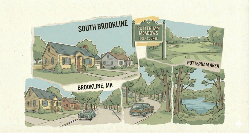 A hand-drawn collage illustration with torn paper edges, depicting the South Brookline neighborhood in Brookline, Massachusetts. The artwork features suburban street scenes with modest single-family homes, a sign for 'PUTTERHAM MEADOWS GOLF COURSE' next to a view of a fairway, winding tree-lined roads with vintage cars, and a wooded area near a lake. Text labels read 'SOUTH BROOKLINE', 'BROOKLINE, MA', and 'PUTTERHAM AREA'. The style is nostalgic with muted colors.