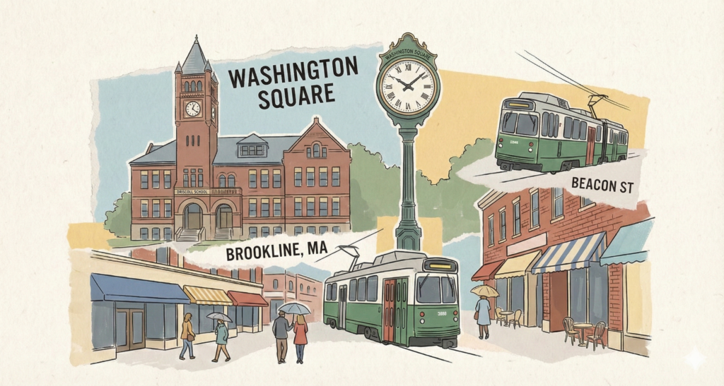 Here is the alt text for the Washington Square collage: Alt Text: "A stylized, hand-drawn collage of Washington Square in Brookline, Massachusetts. The artwork features key local landmarks, including the Driscoll School or similar brick architecture, local storefronts with awnings, and a classic green MBTA trolley car passing through. The composition uses a scrapbook aesthetic with torn paper edges and soft, muted colors, labeled with 'Washington Square' and 'Brookline, MA'.