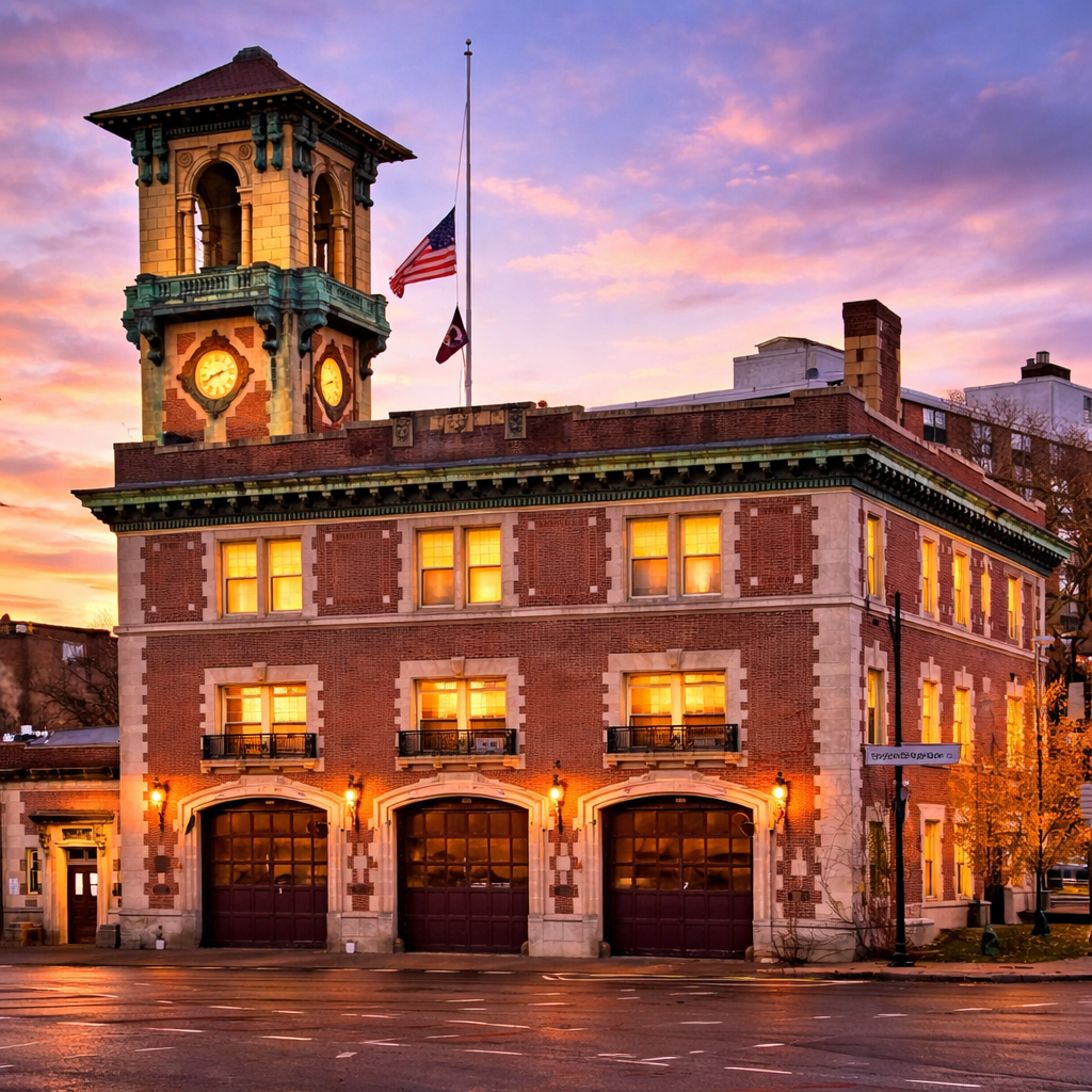Brookline Village Fire Station (built 1908) at dusk—historic brick-and-stone façade with three arched bay doors and a clock tower, glowing warmly beneath a dramatic evening sky.