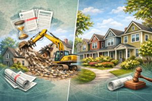 Split illustration of a house being demolished with permitting documents and an hourglass on one side, and preserved Brookline-style homes with landscaping, a gavel, and blueprints on the other.