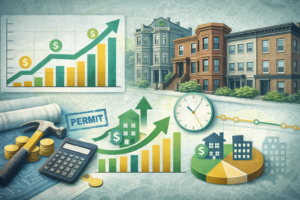 Infographic-style collage of Brookline rowhomes with renovation tools, a permit stamp, calculator, coins, a clock, and charts showing costs and ROI trends.