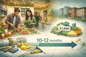 Holiday kitchen hosting scene combined with Brookline buildings and renovation planning visuals like blueprints, tools, money icons, and a long timeline arrow to suggest extended remodel schedules and high market stakes.
