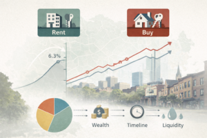 Minimalist Brookline rent-versus-buy graphic with a faint town map, rising trend lines, a small pie chart, and icons for wealth, timeline, and liquidity over a soft neighborhood skyline.