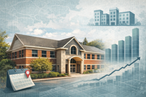 Collage-style image of a former school building in Brookline with faint map textures and teal infographic overlays—apartment icon, calendar marker, and rising chart—suggesting an approved adaptive-reuse rental project.