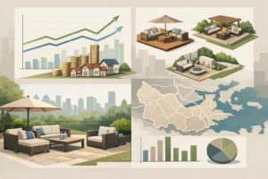 Infographic-style collage showing upward pricing trend lines, stacked coins with small houses, several outdoor living setups (deck, patio seating, pergola, fire pit), a Brookline-area map outline near the coast, and simple bar/pie charts in muted greens and grays.