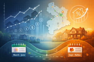 Data-driven, split-tone illustration of the Brookline housing market showing rising trend lines, a stylized neighborhood map with transit routes, and seasonal calendar icons suggesting spring and early fall as peak activity periods—no text