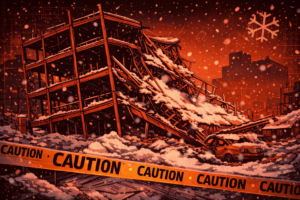 Dramatic red-and-orange poster-style illustration of a snowy construction site where a partially built apartment frame has collapsed onto a car, with heavy snowfall and subtle blueprint grid in the background.
