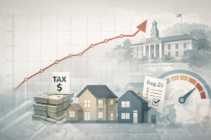 Infographic-style illustration of Brookline property taxes, with three house silhouettes on a grid, a rising line chart, a stack of money, a voting ballot icon, and a faint Brookline Town Hall in the background.