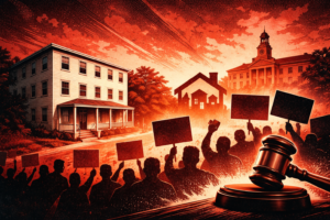 Dramatic red-and-black poster-style image showing a small Brookline residential building and a looming civic building behind a silhouetted crowd holding blank protest signs, with a gavel in the foreground suggesting a contentious public review