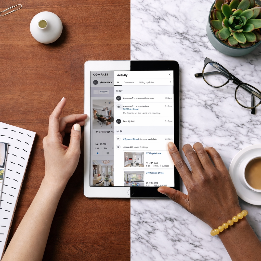 Overhead, square composition of a split workspace—walnut wood on the left and white marble on the right—with a tablet centered showing a real-estate activity feed, framed by a succulent, eyeglasses, and a coffee cup; two hands interact with the tablet in soft natural light.
